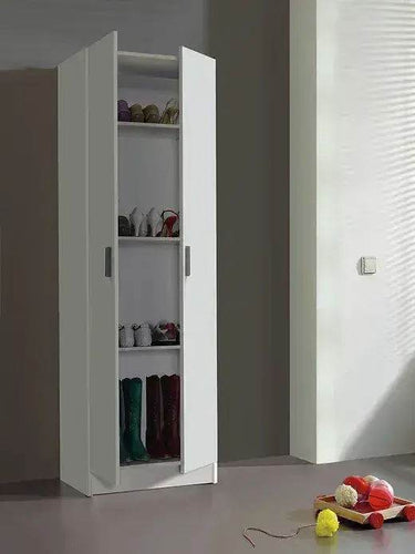 Premium White Two-Door Tall Shoe Storage Utility Cupboard with Four Internal Shelves - UK Luxury Furniture
